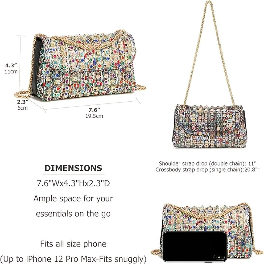 Rhinestone Clutch Bag Women'S Evening Bag, Sparkling Handheld Party Wallet, Texture, Full Diamond Heavy Decoration, Large Capacity, Golden Chain Shoulder Strap, Suitable For Dinner, Party, Formal Events, Halloween Gifts, Christmas Gifts