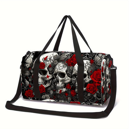 Printed Travel Bag with Skull and Rose Petals, Trendy Outdoor Luggage Bag for Both Men and Women, Sports Yoga Bag