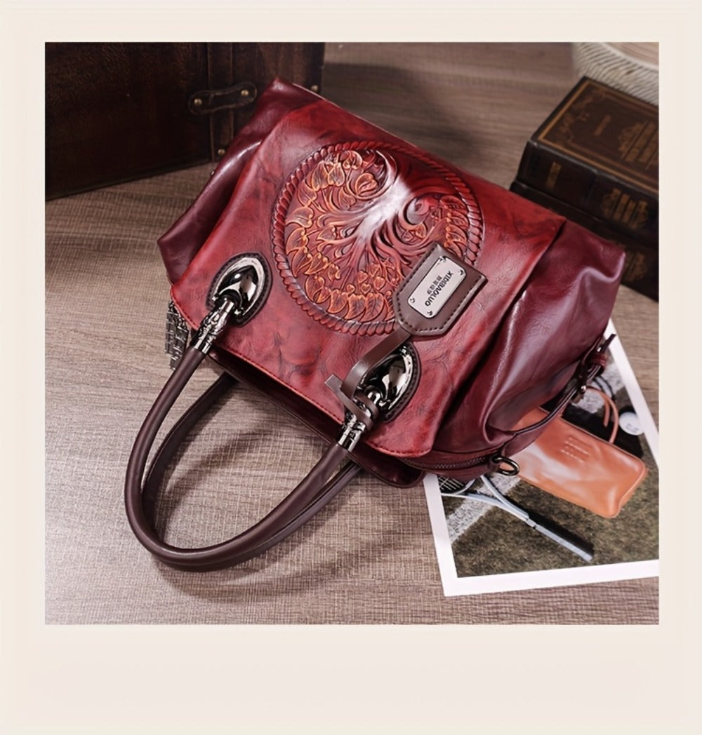Women's Retro Flower Embossed Tote Bag, Gradual Change of Color, Large-Capacity Satchel Hand Bag, Suitable for Commuting and Gathering