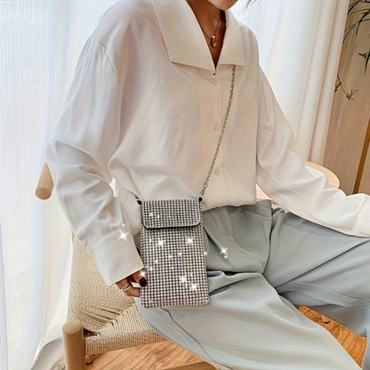 Fashionable ladies' crossbody mobile phone wallet with card slot, magnetic buckle and chain shoulder strap - casual polyester shoulder bag, ladies' side  bag, mobile phone single-shoulder bag, cute bag, travel accessory, simple design, du