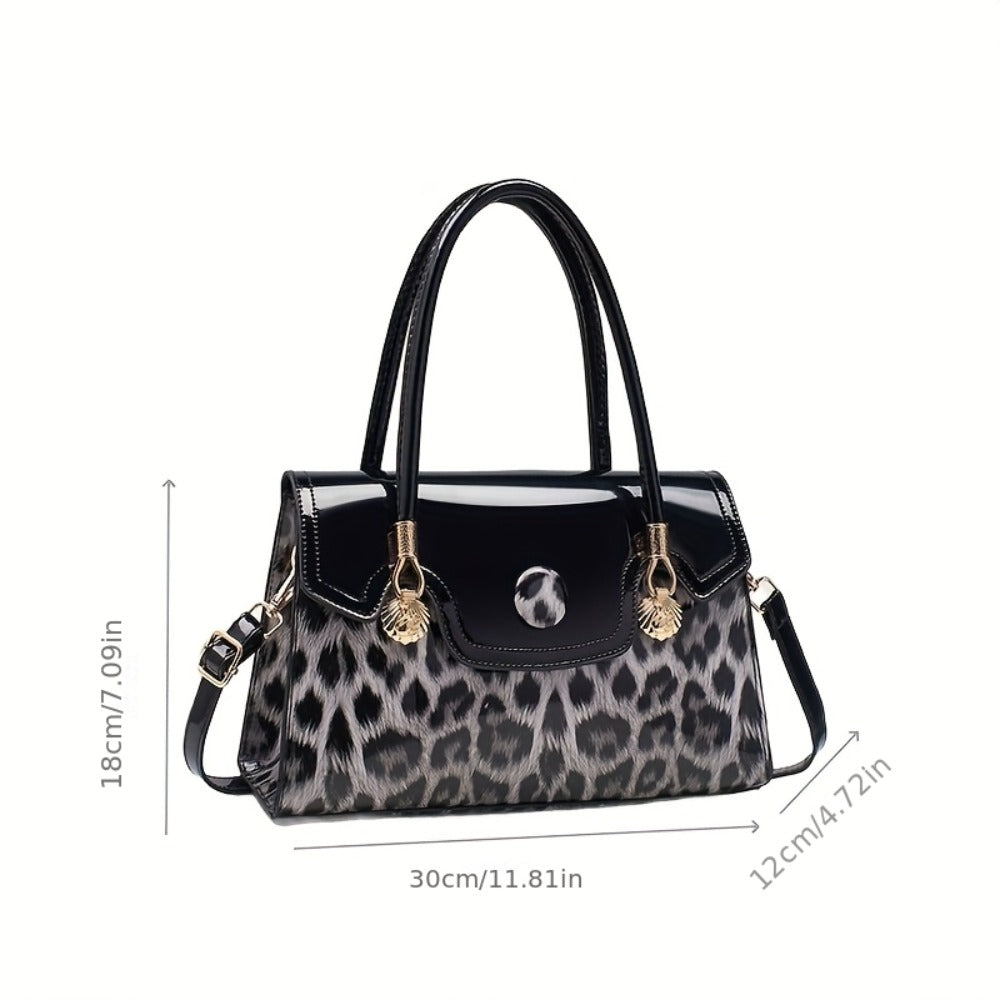 [Leopard Print Handbag] Fashionable New Women's Handheld Bag: Leopard Print Handbag With Magnetic Snap Closure, Metal Hardware Accents, Adjustable Shoulder Strap And Zip Closure