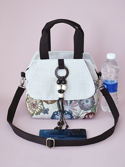 Bohemian Floral Crossbody, Multi-Compartment Handbag with Beaded Accents, Zipper Closure And, Casual Vacation Everyday Purse, Travel Accessory, Ethnic Pattern, Stylish Accents, Women'S Accessory, Stylish Shoppers