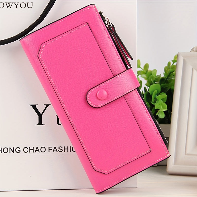 Women's Long Clutch Wallet, Retro Style Long Coin Purse, Foldable PU Leather Credit Card Holder With Zipper And Snap Closure