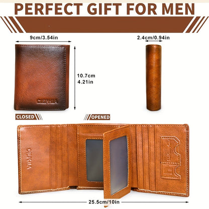 Men'S Leather Tri-Fold Wallet, Premium Cowhide Vintage Wallet, Wallet with Multiple Card Slots