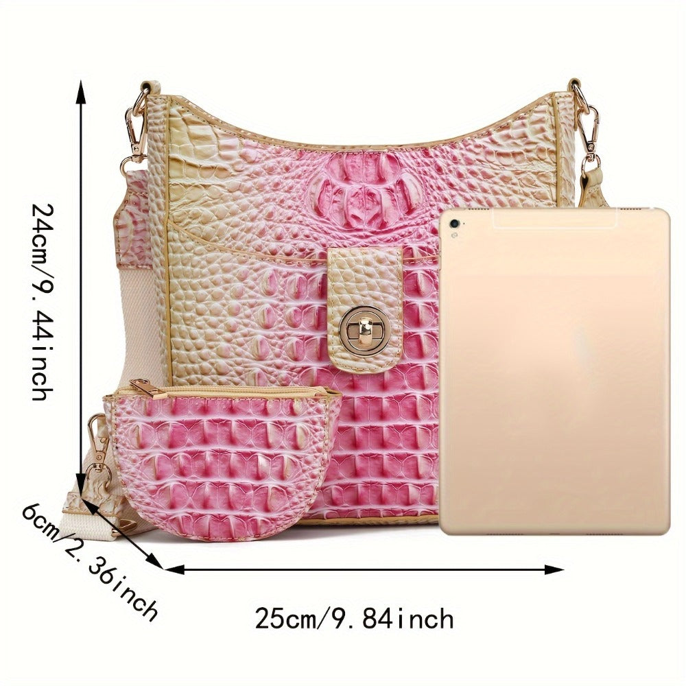 Trendy Crossbody Bag with Crocodile Pattern - Premium Bucket And Coin Purse Style - Multi-Purpose Shoulder Bag Suitable for Any Event