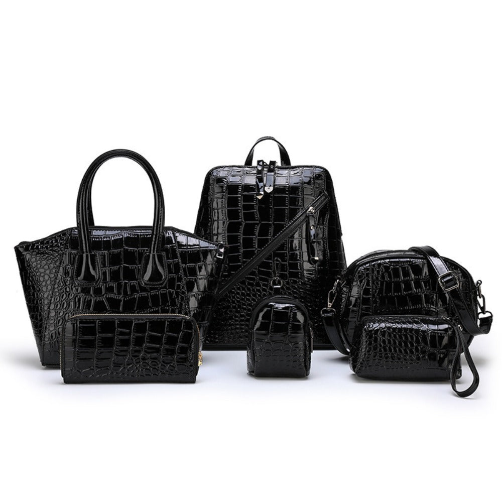 6pcs Set PU Minimalist Crocodile Embossed Women's Bag Set, High Cost Performance, Includes: Backpack, Tote Bag, Shoulder Bag, Clutch, Keybag, Wallet