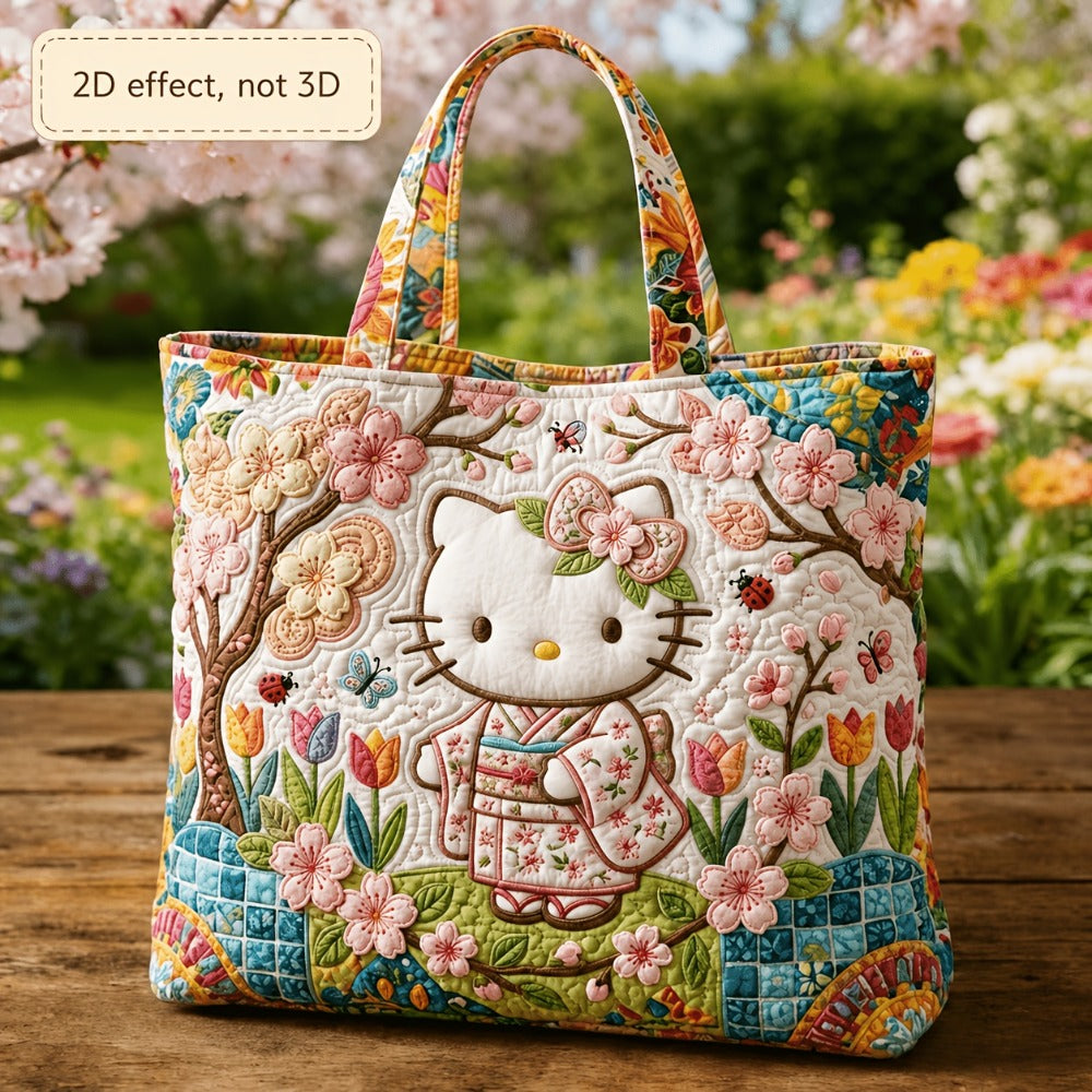 [Gift for Women] (Official Authorization) Sanrio Hello Kitty Quilted Tote Bag, Cute Floral Kimono Style Large Capacity Shoulder Handbag, Kawaii Reusable Tote for School, Travel, Shopping, Gift for Women Flat 2D Effect