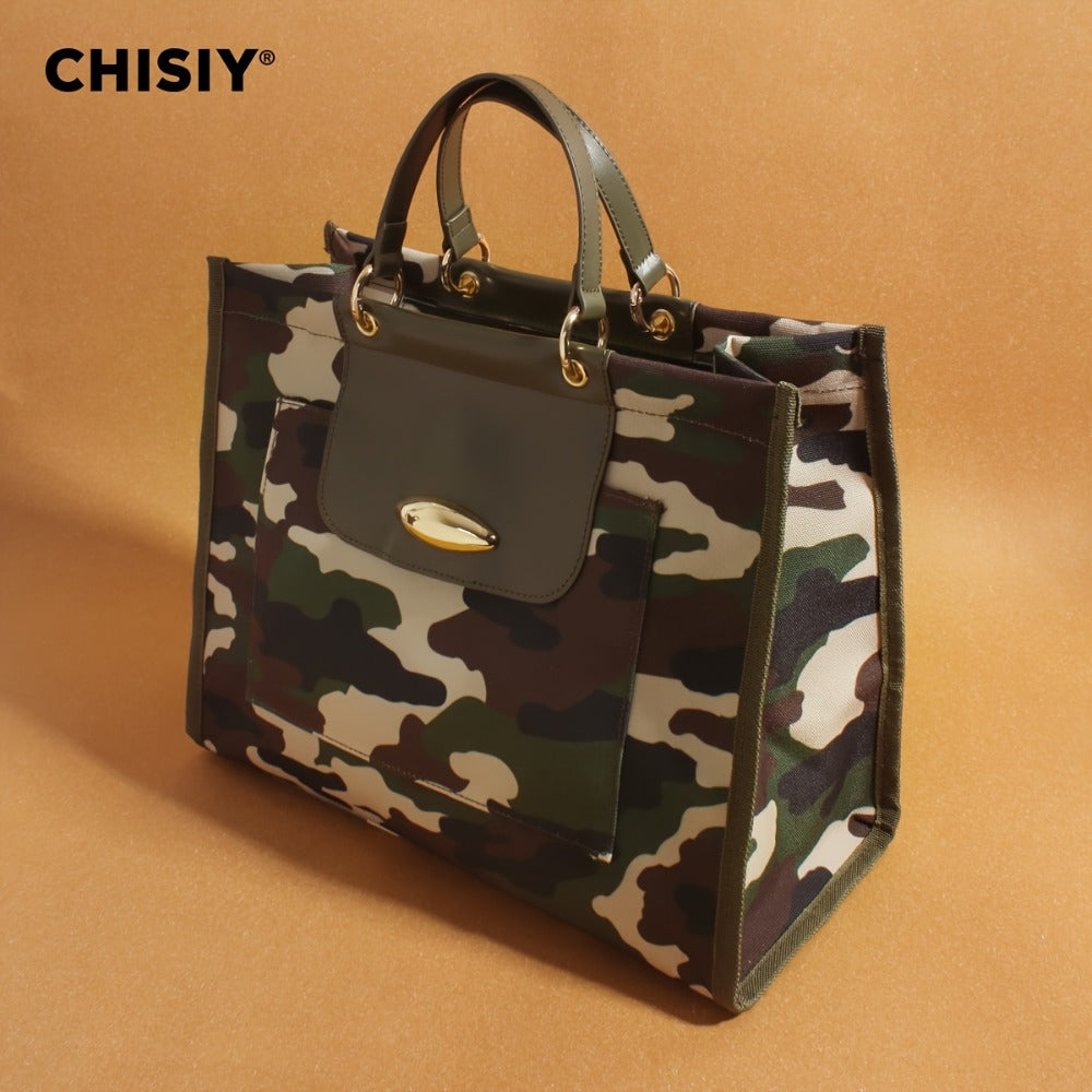 2pcs Camouflage Tote & Matching Handbag - Large Capacity Mother & Bag with PU Splicing Metal Buckle, Adjustable Strap, Zipper Closure - Retro Camo Tote for Army, Outdoor, Casual Use (Fabric)