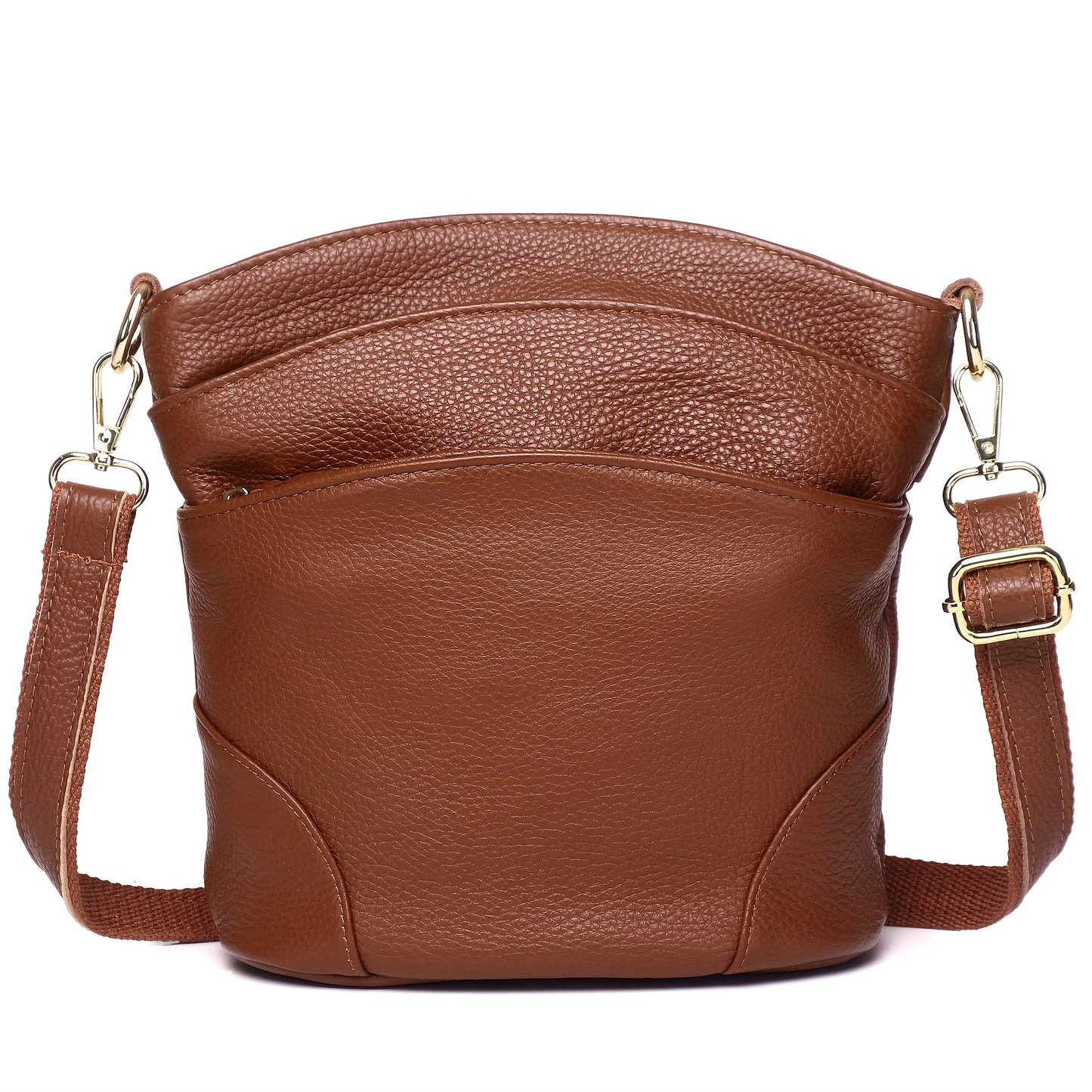 [Elegant Style] Genuine Leather Women'S Crossbody Bag, Double Pockets, Detachable Shoulder Strap, Zipper Closure, Multi-Functional Shoulder Bag, Satchel Bag