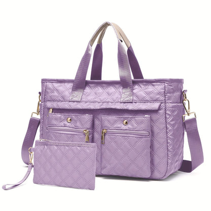 Set of 2 Quilted Nylon Tote Bags for Women, Roomy And Sturdy Laptop Carrier, Versatile Handbag for Work, Travel, Gym, And Daily Needs