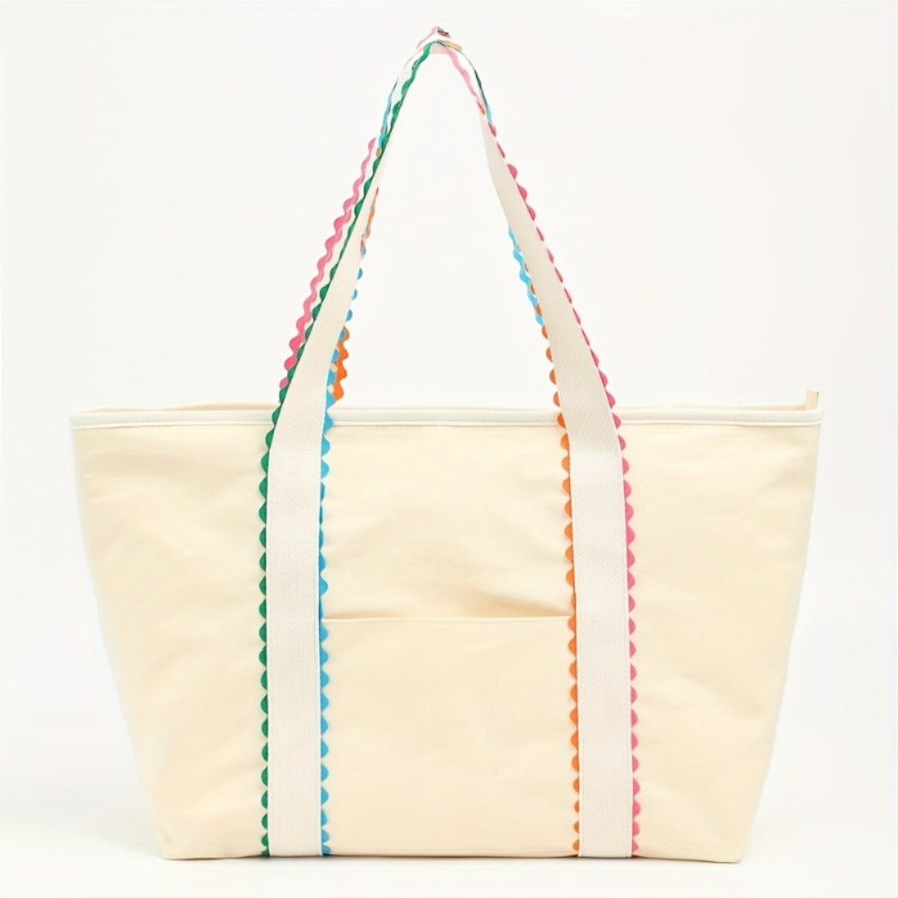 Ladies' Large Capacity Handbag | Beige Zipper Closure, Spacious Shopping Bag, Machine Washable for Daily and Beach Use, Casual Outing, Fashion Additions, Durable Structure, Multi-functional, Travel Essential