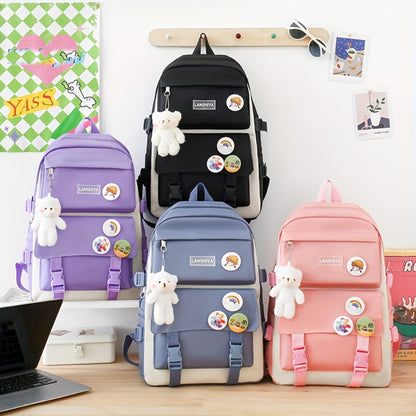 Set of 5 School Bags, Adorable Backpack Featuring a Plush Bear And Badge, Along with a Coin Purse, Pencil Case, Handbag Storage Pouch, And Crossbody Bag