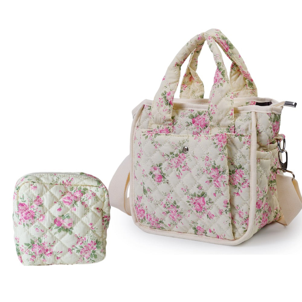 Floral Quilted Tote Bag for Women, Cute Crossbody Shoulder Purse with Pockets, Everyday Handbags