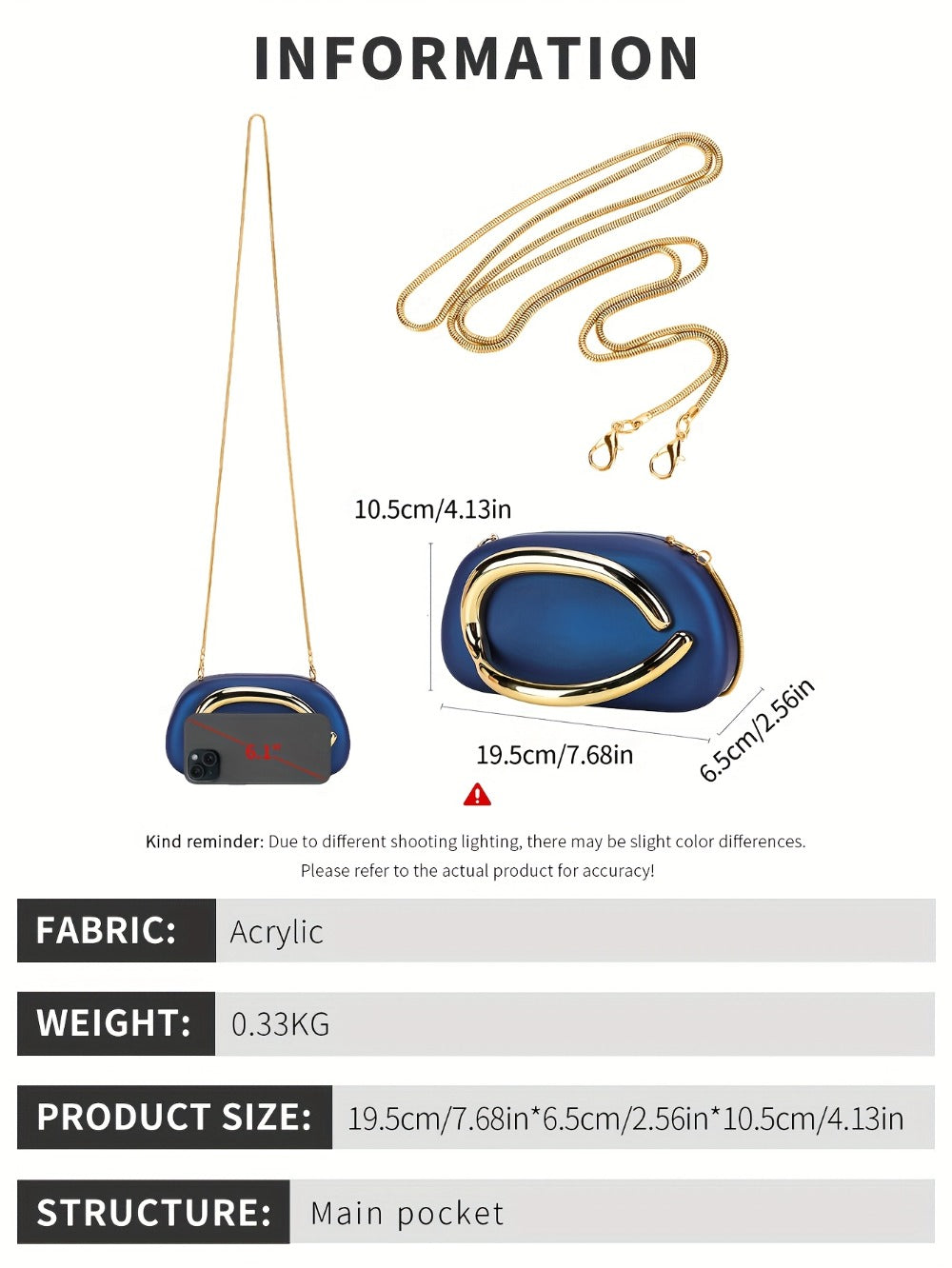 Women'S Evening Clutch with Golden Metal Handle And Removable Chain Shoulder Strap, Minimalist Acrylic Bag Perfect for Weddings And Parties, Designed with Magnetic Closure, Lining, Coin Pocket, And Photo Compartment