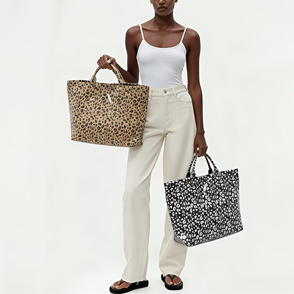 Women's Leopard Print Tote Bag, Double-layer Fabric, Classic Solid-color Handbag, PVC Fashion Bag, Stylish Large-capacity Tote Beach Bag, Portable Seaside Vacation Organizer, Travel Toiletry Bag, Pool Swimming Bag, Commuting Tote