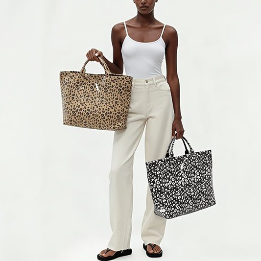 Women's Leopard Print Tote Bag, Double-layer Fabric, Classic Solid-color Handbag, PVC Fashion Bag, Stylish Large-capacity Tote Beach Bag, Portable Seaside Vacation Organizer, Travel Toiletry Bag, Pool Swimming Bag, Commuting Tote