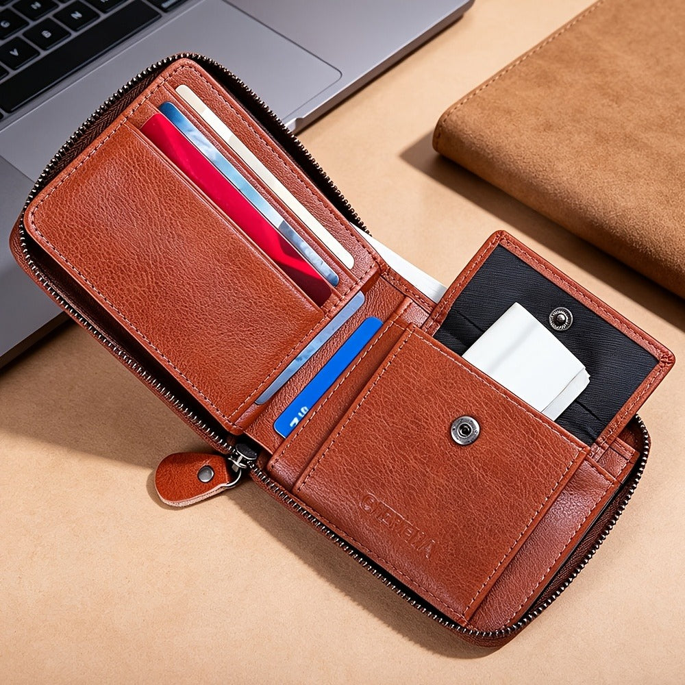 Men'S Genuine Leather Zipper Wallet RFID Blocking Large Capacity Double Fold Multi-Card Top Layer Leather Wallets for Men And Coin Purse