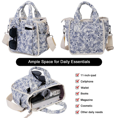 Floral Quilted Tote Bag for Women, Cute Crossbody Shoulder Purse with Pockets, Everyday Handbags