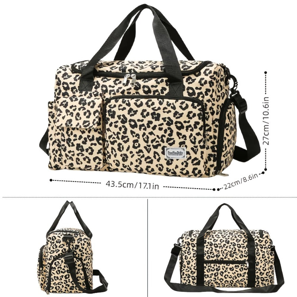 Large Size Large-Capacity Leopard Print Travel Duffel Bag with Multiple Compartments, Shoe Compartments And Spacious Overnight Carry-On Design-Durable Nylon Leisure Sports Fitness Bag, Suitable for Women, Gym, Travel, Weekend Travel, Fitness Bag