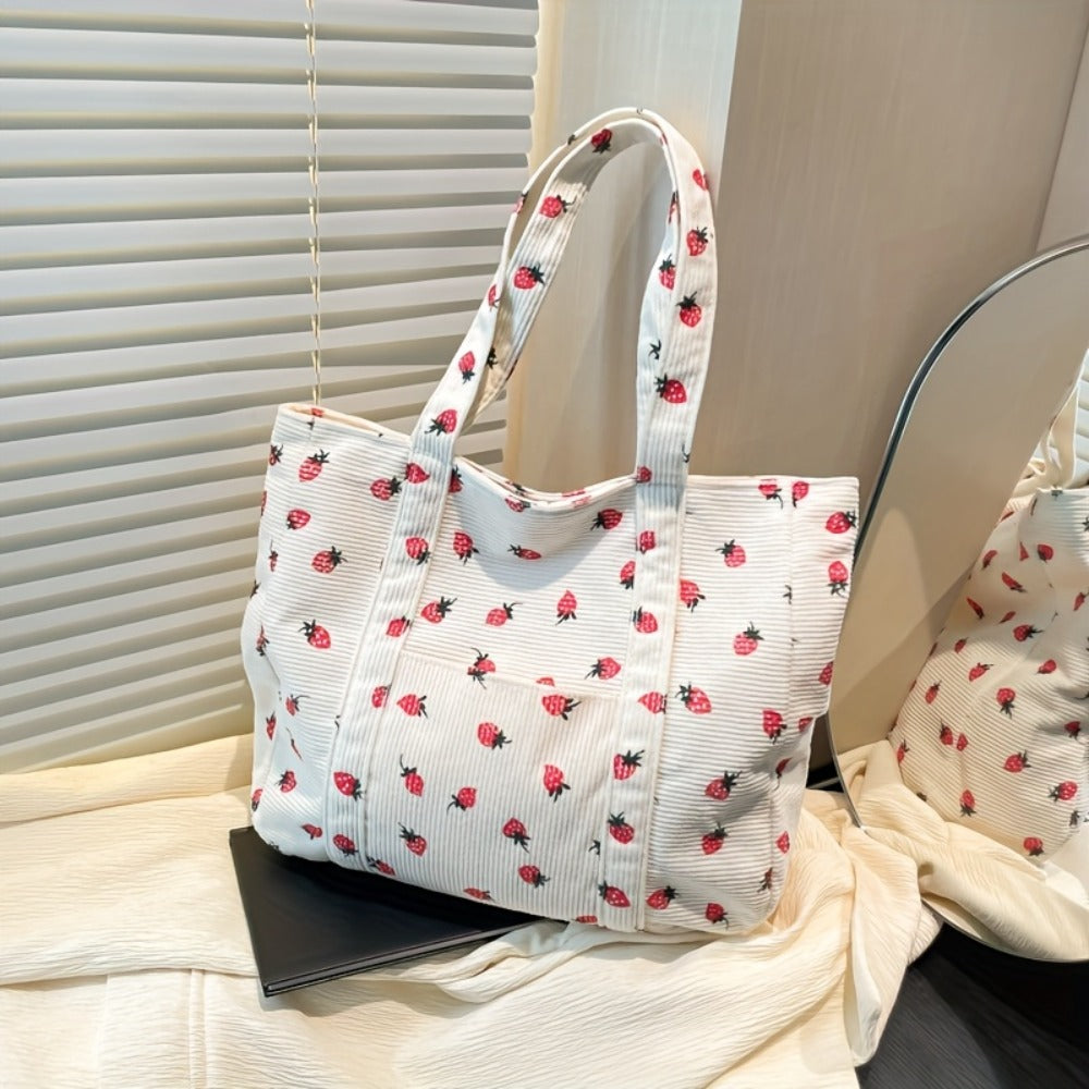 Women' Large Capacity Corduroy Tote Bag with Strawberry Pattern - /// Casual Handbag, Zipper Closure & - Corduroy Shoulder Bag for, Travel, Shopping