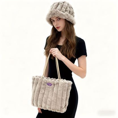 2pcs Women'S Fleece-Lined Shoulder Bag And Bucket Hat Set, Warm And Thickened, Versatile for Autumn And Winter Daily Wear