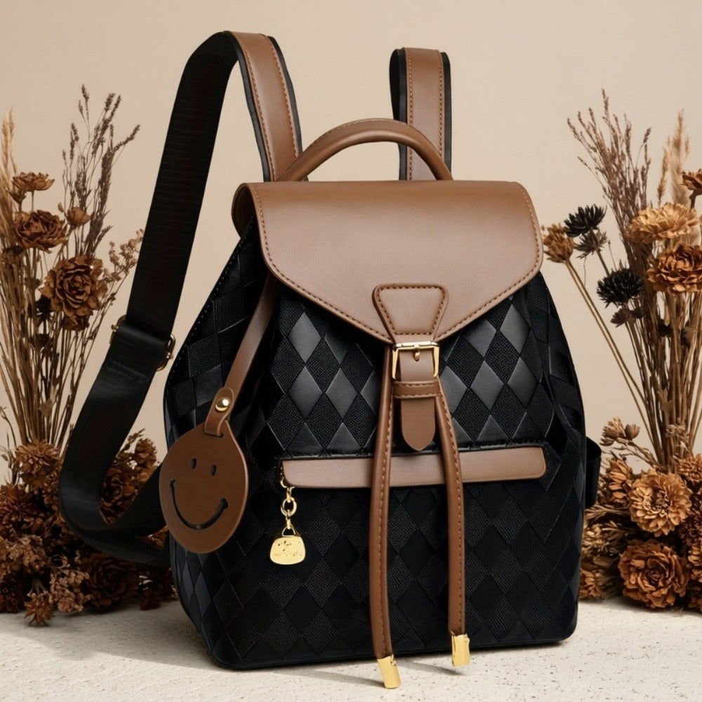 Women's Professional & Everyday Backpack - Coffee Brown & Black -like Bag with Adjustable Strap, Golden Buckle, Zipper Closure - Lightweight Purse for Work, Travel, College, Casual Outings - Gift Idea with Face Charm Charm, Playful Design, Durable Constru