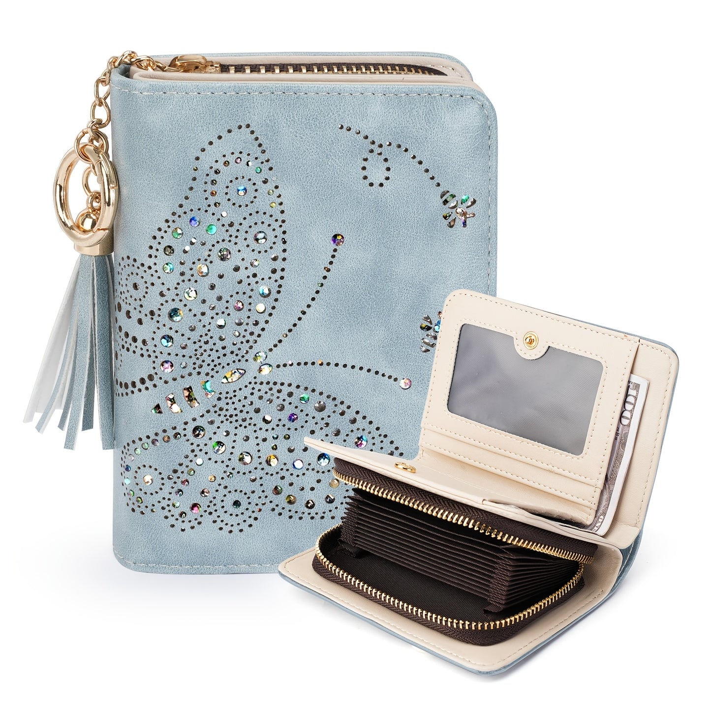 Women RFID Blocking Small Bifold Wallet, Compact Cash Clutch with Zipper Coin Pocket, Glittery Butterfly Design, Credit Card Holder, Travel Purse with Tassel Mom Gift Faux Leather Tote Zipper Daily