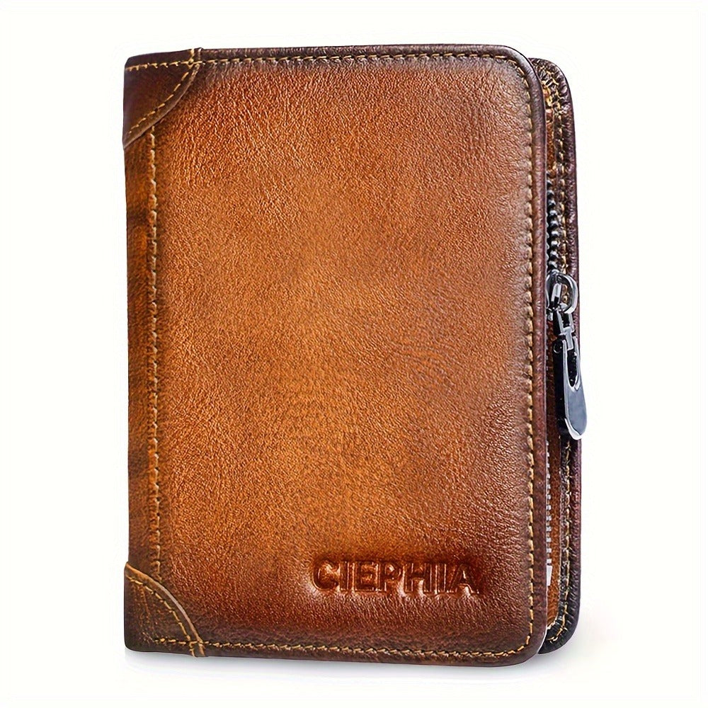 RFID Blocking Bifold Genuine Leather Wallets for Men with Zipper Coin Pouch, Top Layer Cowhide Vintage Multi Function Card Holder Wallet with 2 ID Windows