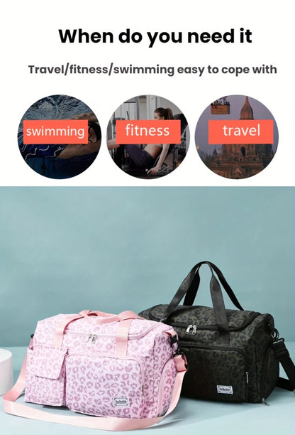Large Size Large-Capacity Leopard Print Travel Duffel Bag with Multiple Compartments, Shoe Compartments And Spacious Overnight Carry-On Design-Durable Nylon Leisure Sports Fitness Bag, Suitable for Women, Gym, Travel, Weekend Travel, Fitness Bag