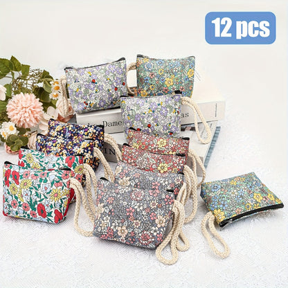12pcs Bohemian Floral Coin Purses, Multi-Functional Jewelry Bags, Vibrant Makeup Organizer with Handles and Zipper, Perfect for Outdoor Travel, Christmas Gifts