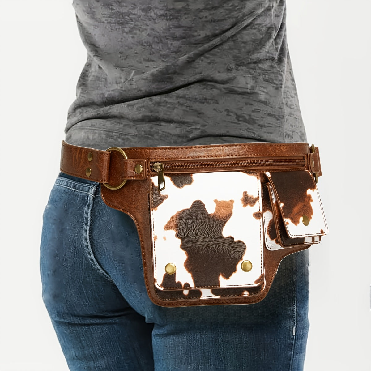 Multi Functional Practical Cow Pattern Waist Bag, Printed Waist Bag, Fashionable Collision, Metal Accessory Texture, Multi Pocket Practical And Multifunctional Design Handmade Waist Bag, Adjustable Chest Bag with Multiple Buckles