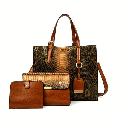 Women'S Crocodile Pattern Satchel Handbags Stylish Tote Handbags Crocodile Purses for Women 3pcs Set