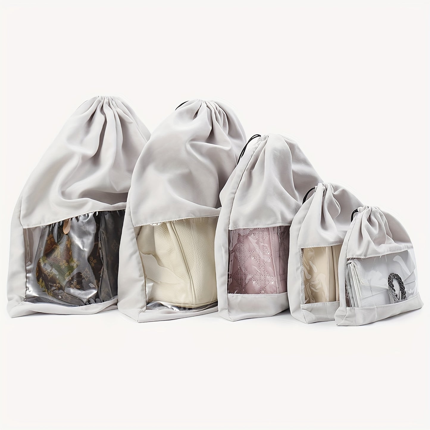 5pcs Reusable Moisture-Proof Handbag Dust Bags with Clear Window & Drawstring Closure - Multi-Size Fabric Storage Organizers with Sturdy Edges, Lightweight & Durable for Closet, Shoe, Jewelry Storage - Beige, Gray, Khaki, White, Black - Hand Washable, Spa
