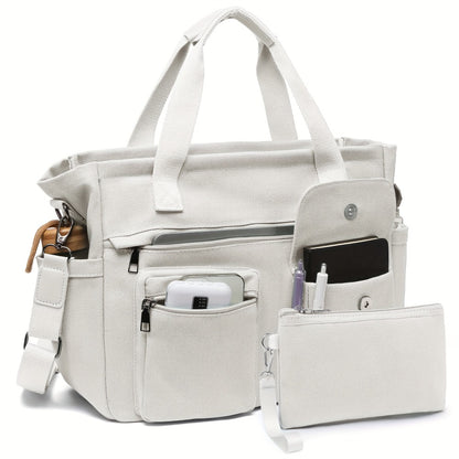 2pcs Set: Women's Large Canvas Tote Bag, Perfect as a Laptop Bag, Crossbody Shoulder Bag, Hobo Messenger Bag, Handbag, Travel Bag, Gym Tote Work Travel