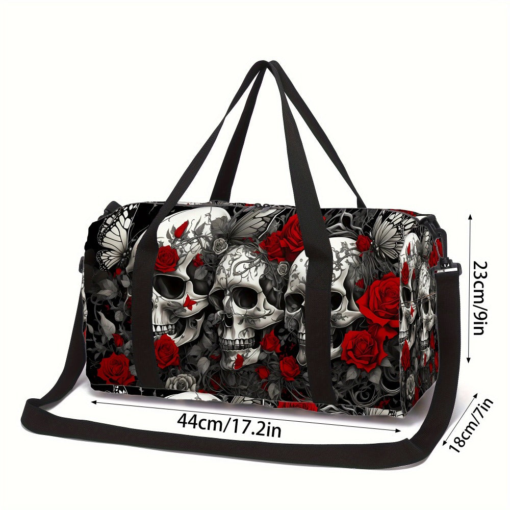 Printed Travel Bag with Skull and Rose Petals, Trendy Outdoor Luggage Bag for Both Men and Women, Sports Yoga Bag