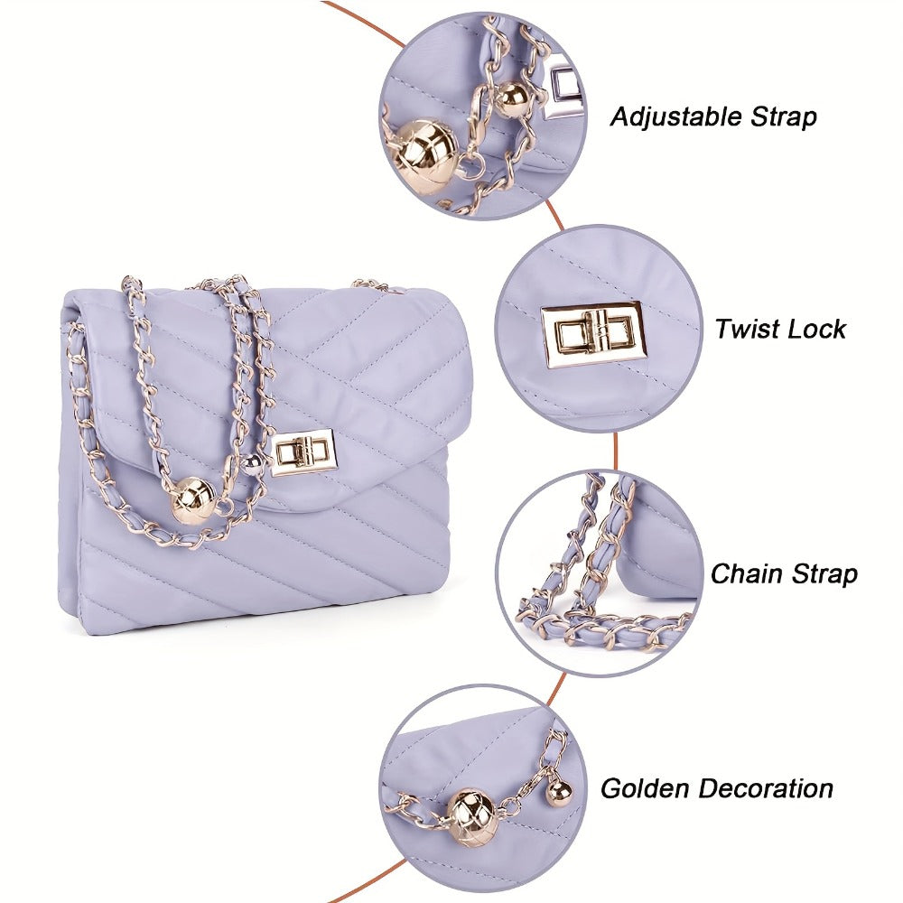 New Fashion Diamond Lattice Soft Chain Bag, Leisure And Easy with Pure Color PU Ladies Daily Travel Crossbody Bag