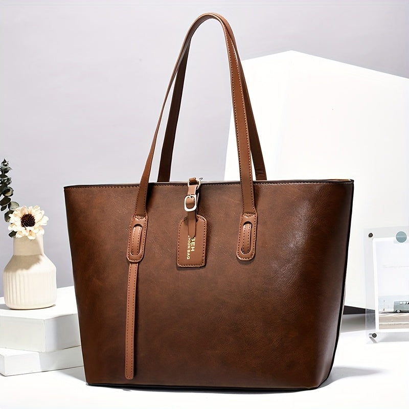 Women's Minimalist Large Capacity Tote Bag - Black with Brown Accents, Durable & Zipper Closure, Sturdy Fixed Shoulder Straps for Office, Commute, Work & Casual Use