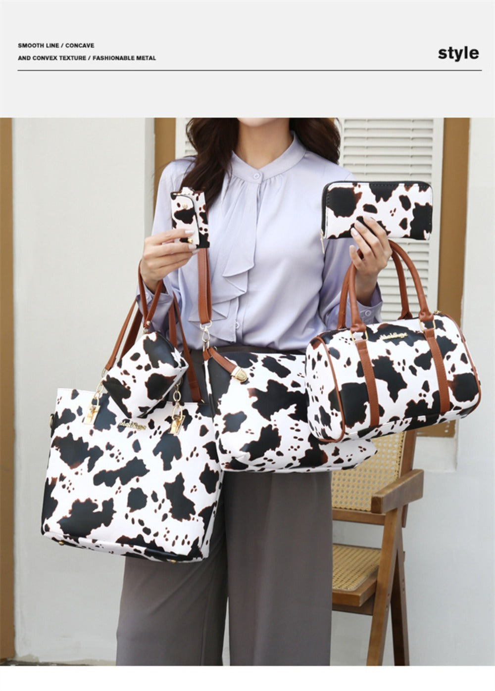 6pcs Set PU Fashion Cow Pattern Tote Bag Set, A Cost- Women'S Shoulder Bag, Crossbody Bag, And Wrinkle Resistant Handbag, Suitable As A Gift