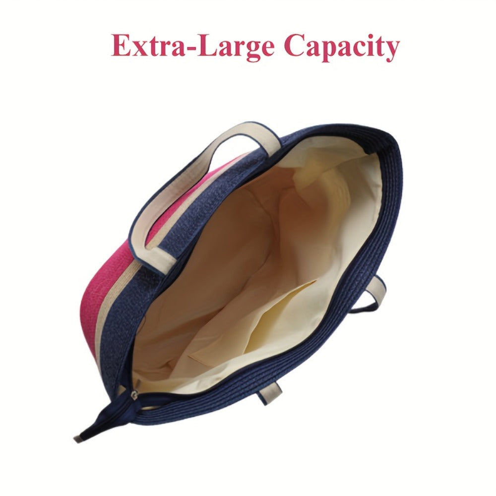 2026 Summer Travel Set: 2pcs Wide Brim Straw Hat And Large Capacity Beach Bag with Zipper Closure, Perfect for Summer Outdoor Adventures, Camping, And Beach Vacation, Game Day Essentials for All Football Fans