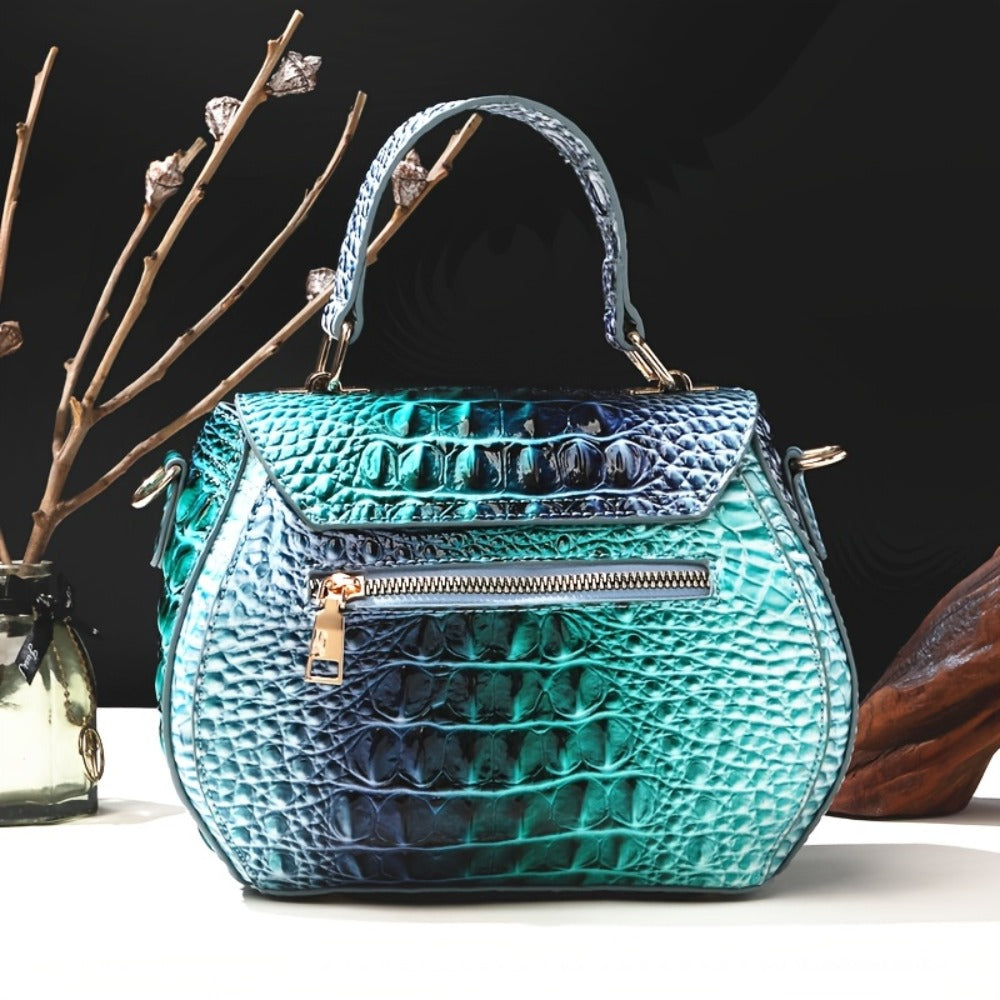 Classic Solid Color Mini Square Handbag, Crocodile Pattern Top Handle Bag for Women