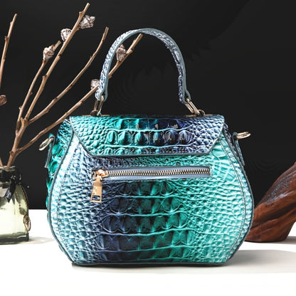 Classic Solid Color Mini Square Handbag, Crocodile Pattern Top Handle Bag for Women