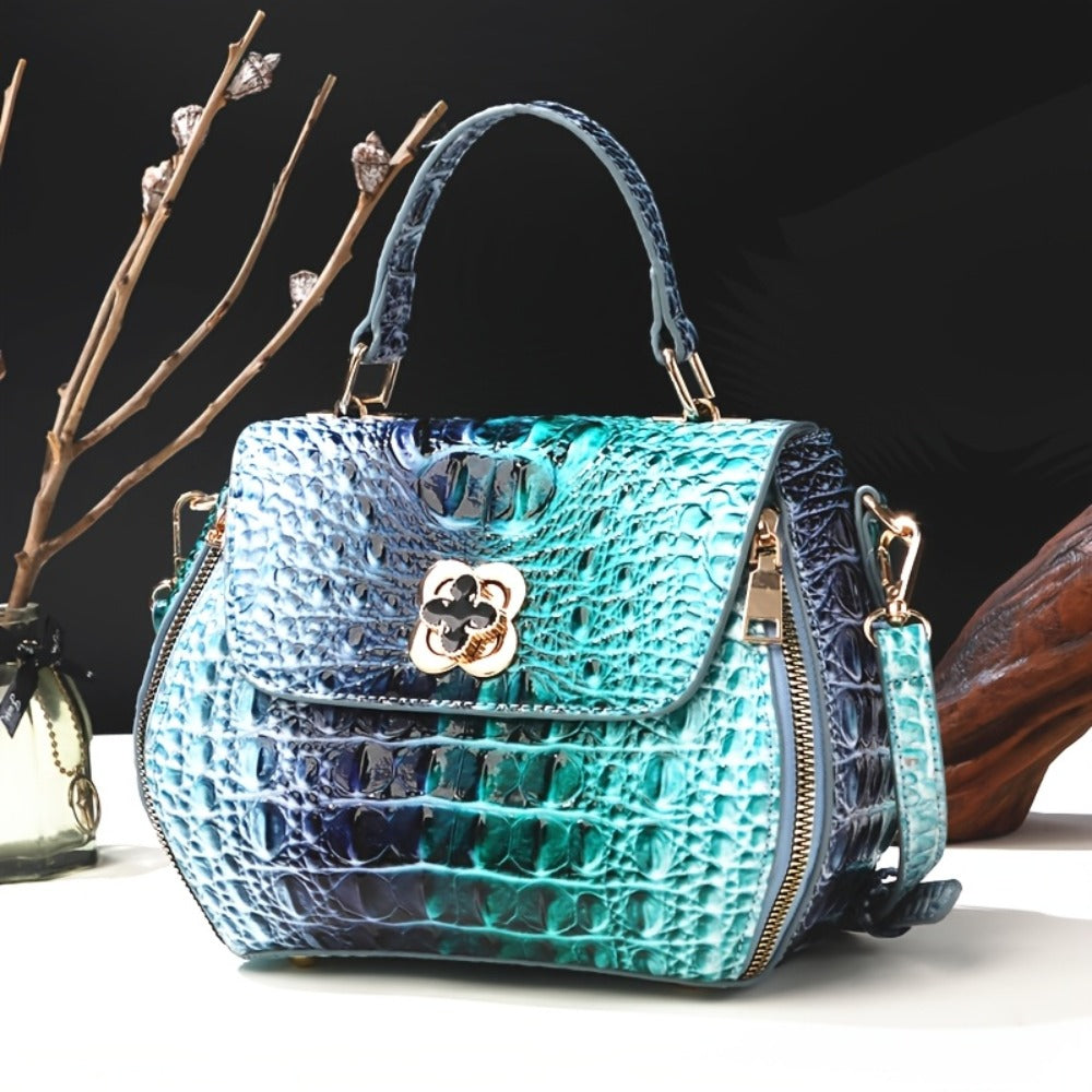 Classic Solid Color Mini Square Handbag, Crocodile Pattern Top Handle Bag for Women