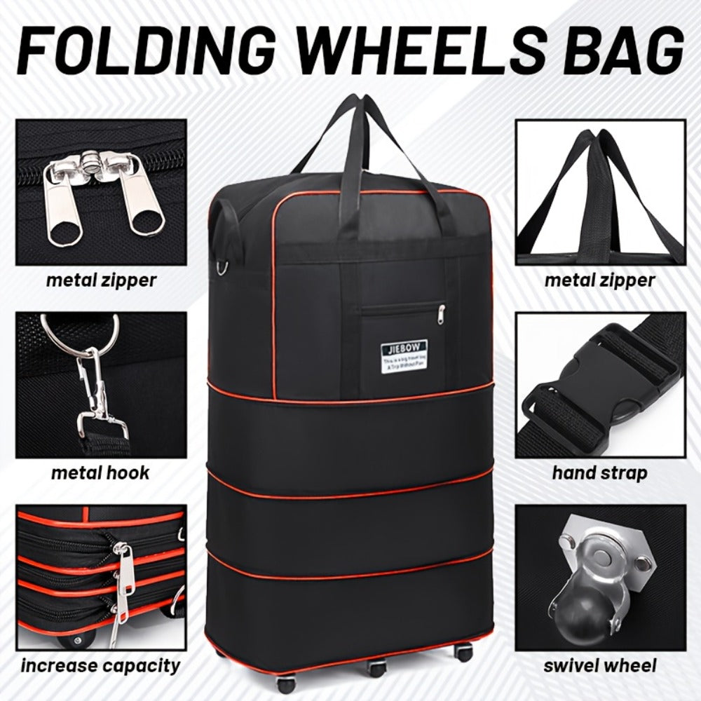 6-Wheel Expandable Travel Duffle - Foldable Large Capacity Suitcase with Reinforced Stitching, Black & Red Accents, Durable Plastic Construction - Sleek Minimalist Design for Business Trips, Study Abroad, Moving & Home Storage, Luggage for Travel, Robust