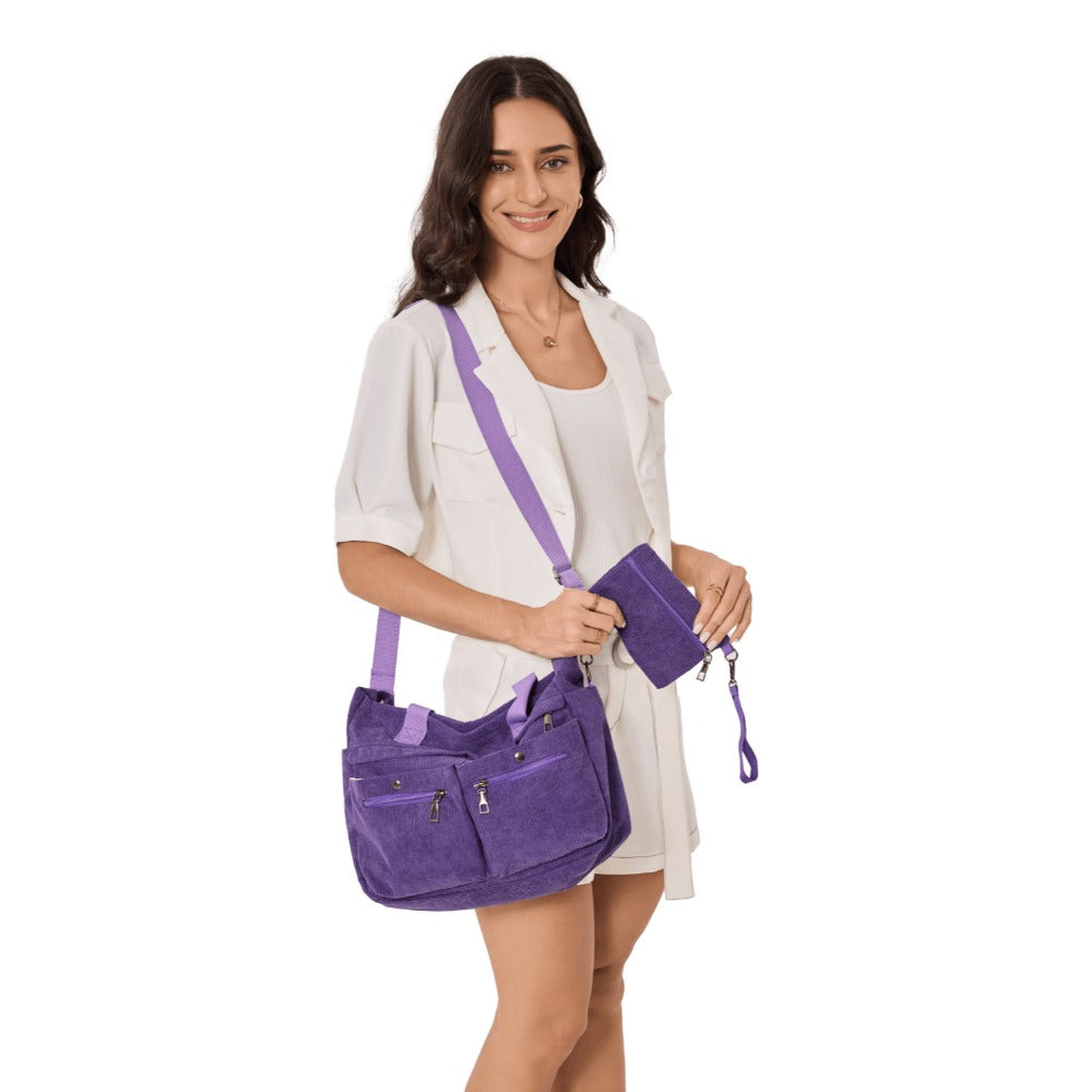Corduroy Tote Bag Set (2PCS) for Women, Laptop Work Bags Crossbody Shoulder Hobo Messenger Handbag Purse Travel Gym Totes
