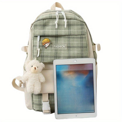 Cute Plaid Cartoon Canvas Five-Piece School Bag, Large Capacity Casual Simple Backpack, Women's Travel Bag Cosmetic Bag, for Girls And Women, Suitable Stationery Bag, Women's Wallet, Women's Crossbody Bag, Women's Hand Bag