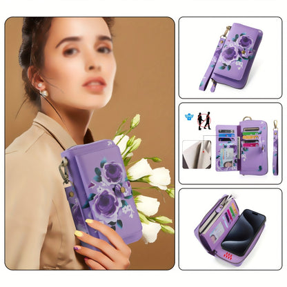 1 Stylish Purple Floral Faux Leather Zipper Wallet – Large Capacity Handbag with Phone Compartment, Multiple Card Slots & Coin Purse Design, Elegant Rose Pattern, Delicate Texture – Perfect Gift for Teens