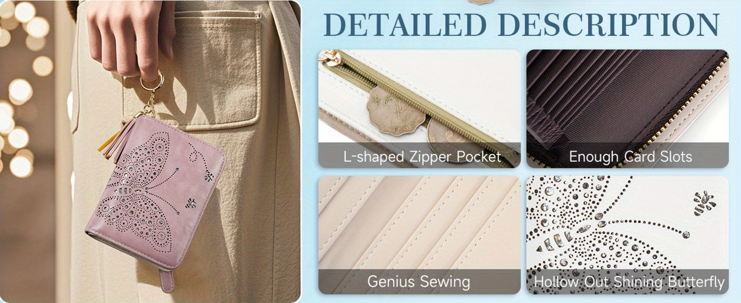 Wallet Women RFID Blocking Small Wallets With Cash Clutch Compact Bifold With Zipper Coin Pocket Ladies Credit Card Holder Glittery Butterfly Travel Purse With Tassel GREEN Mom Gift Tote Essential Daily