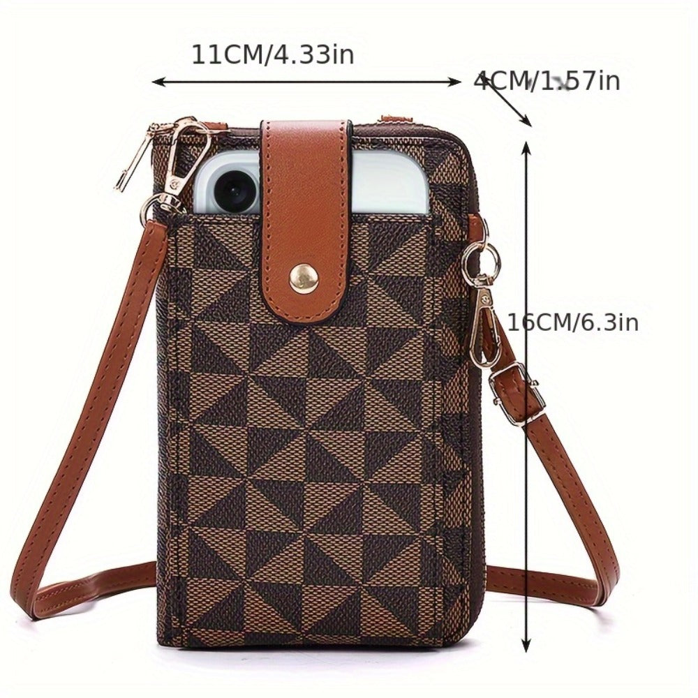 Women's Compact Crossbody Phone Wallet - Adjustable Strap, Outdoor Leisure Multi-Purpose Bag with Multiple Credit Card Slots & Zipper Closure, Blue & Brown Geometric Pattern, Durable Mini Shoulder Bag for Everyday Essentials, Perfect Valentine's Day Gift,