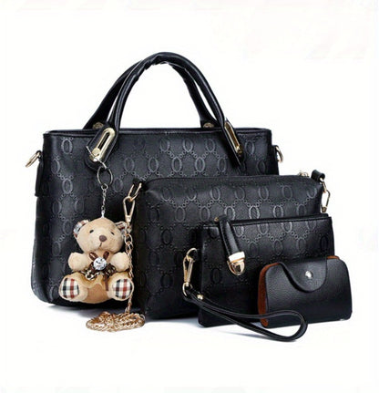 Women's Tote bag set, 4pcs bear pendant bag, large capacity tote purse crossbody bag
