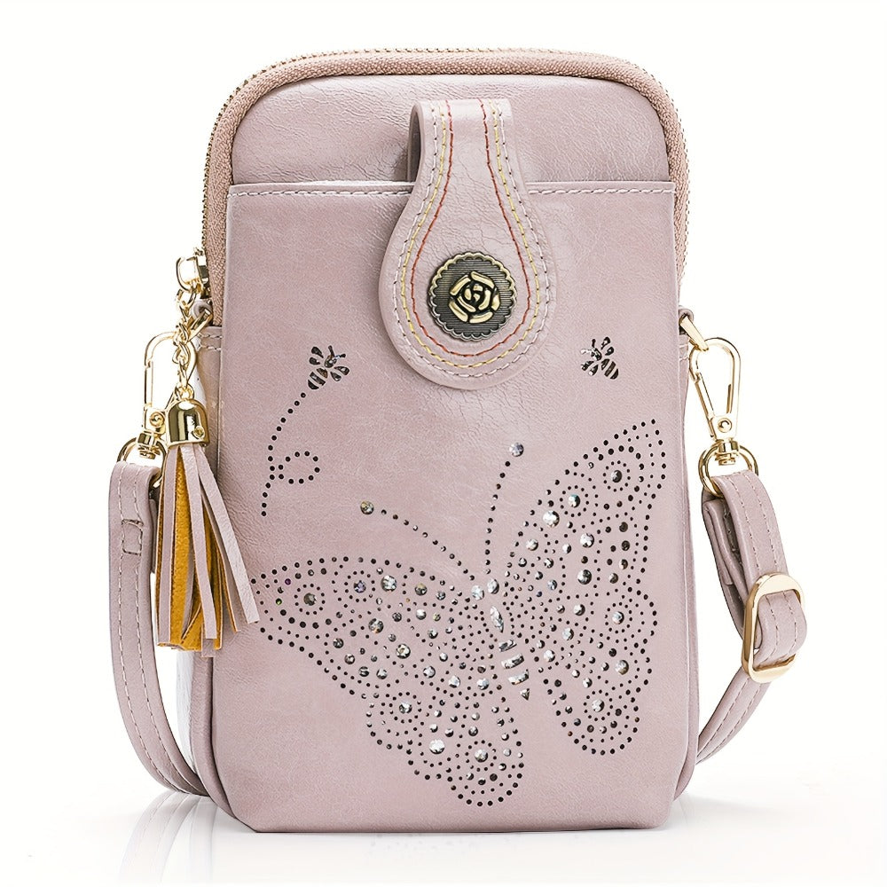 1pc APHISON Elegant Butterfly Print Crossbody Bag For Women, Lightweight Faux Leather Mini Cell Phone Purse With Adjustable Strap And Tassel Detail, Animal Theme, Zip Closure, Anti-Fade, Faux Leather Lining PU Shoulder Tote Bag Gift For Mom Zipper